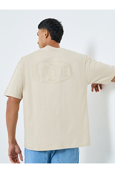 Styli Men Beige Oversized Printed Jersey T-Shirt