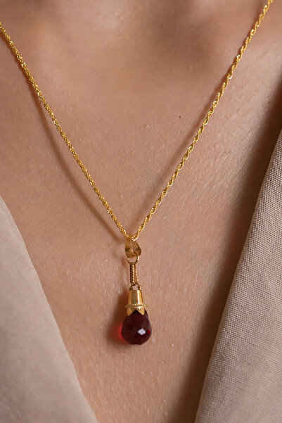 AMES GOLD KUYUMCULUK 14 Ayar Altın Işıltılı Kırmızı Damla Nar Kolye - Kadın Z...
