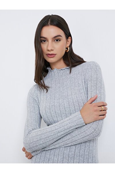 Styli Grey Ribbed High Neck Slim Fit T-Shirt with Lettuce Edge