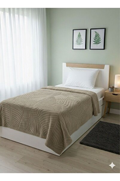 Merinos Elegant Embossed Beige Leaf Pattern Single Person Blanket