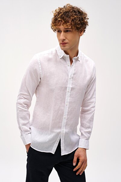 İgs Біла лляна сорочка з довгими рукавами та коміром-накладкою Dynamic Fit