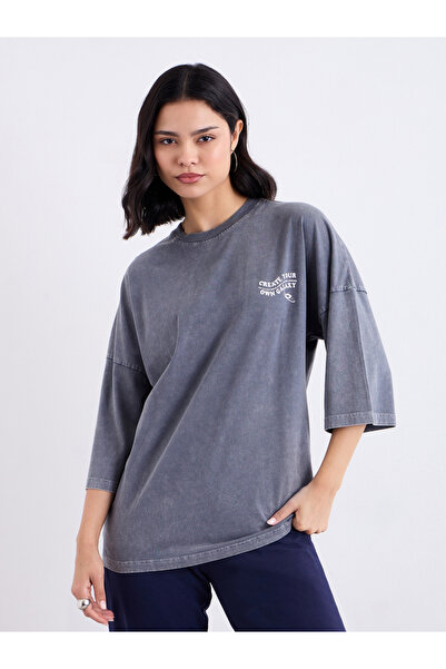 Styli Charcoal Oversized Graphic Acid Wash T-Shirt