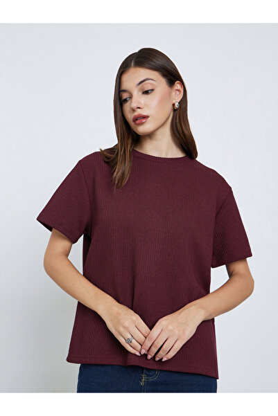 Styli Burgundy Flat Knit Round Neck T-Shirt
