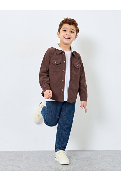 Styli Boys Brown Corduroy Hooded Shacket