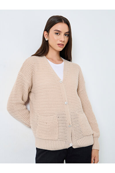 Take Two By Styli Beige Chunky Knit Cardigan with Patch Pocket