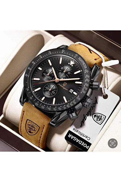 POEDAGAR Ανδρικό Ρολόι Χειρός Χρονογράφος Quartz Business Γνήσιο Δέρμα Καφέ Μαύρο