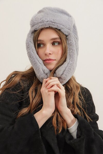 Trend Alaçatı Stili Women's Gray Faux Fur Beret with Headphones ALC-A2469
