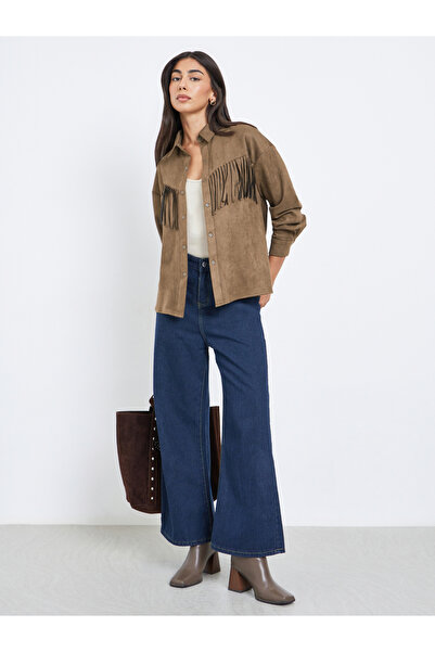 Styli Brown Tassel Trim Suede Look Shirt