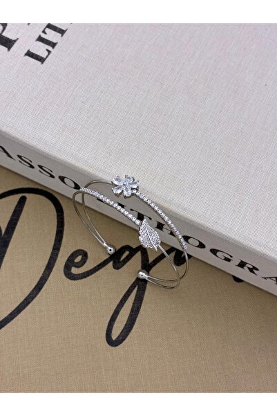 Hedef Bijuteri Silver Colored Adjustable Two-Row Zircon Stone Bracelet with Leaf and Flower Detail