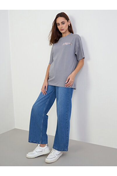 Styli Grey Slogan Embroidered Oversized T-Shirt