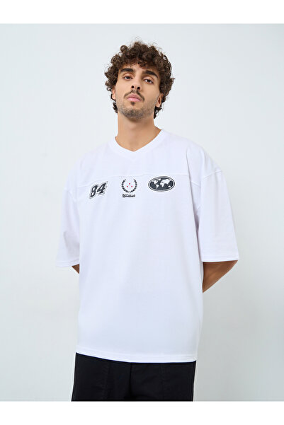 Styli Men White Terry Printed Cut and Sew Panel Boxy T-Shirt