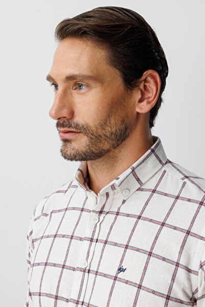 İgs Екру динамична памучна риза с дълъг ръкав, карирана, с копчета и яка