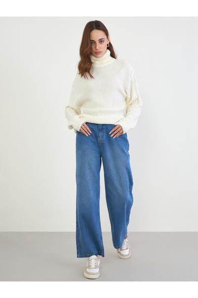 Styli Cream Cable Knit Longline Turtleneck Sweater