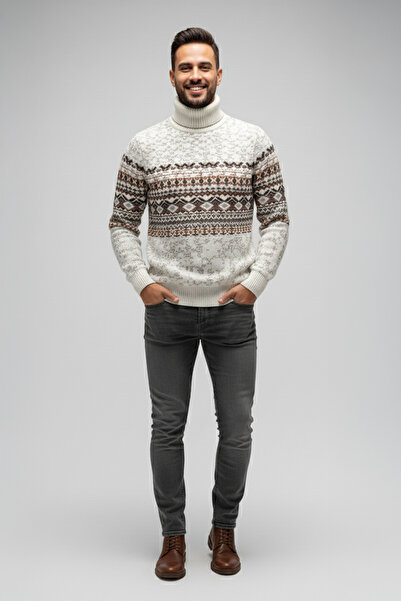 Pulltonic Erkek Balıkçı Yaka Etnik Desenli Kazak | %68 Kuzu Yünü