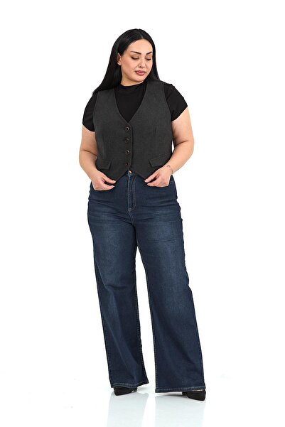 DISENTIS MODEST Plus Size Button Closure Pocket Flap Lined Short Cashmere Dark Gray Vest
