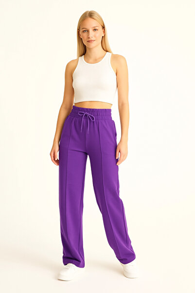 LACHT Pantaloni de sport pentru femei, mov, cu centură lată, cu imprimeu cu flori