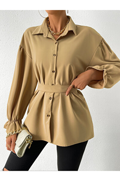 Take Two By Styli Solid Drop Shoulder Button Front Belted Shirt