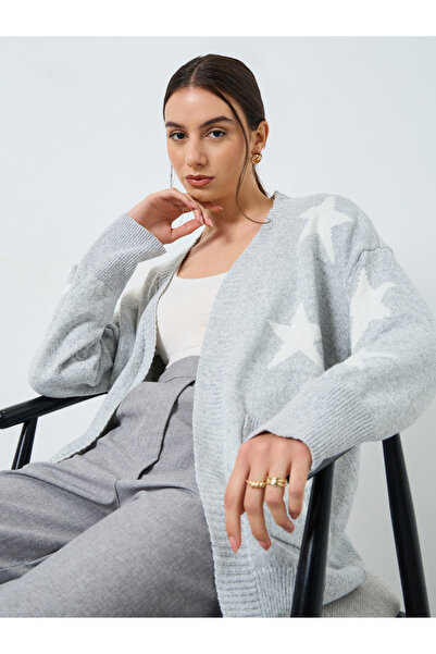 Take Two By Styli Grey Star Pattern Longline Cardigan