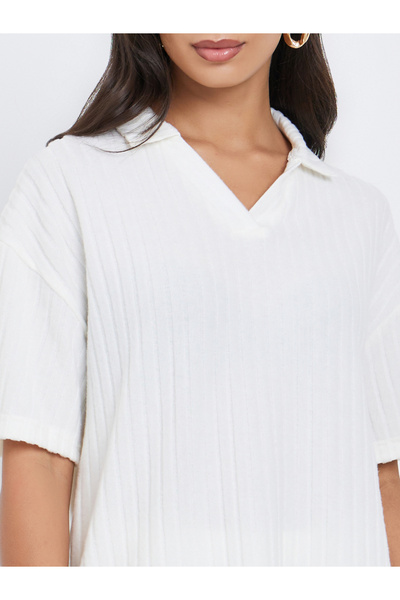 Styli White Ribbed Collared Oversized Top