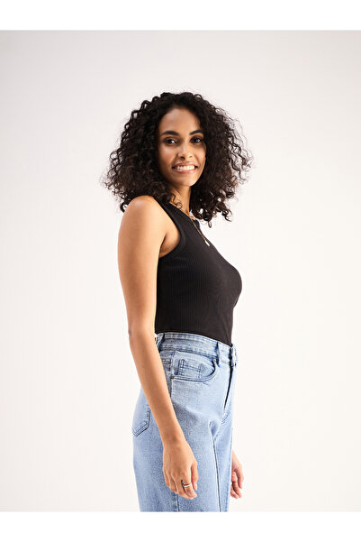 Sassafras By Styli Women Black Ribbed Sleeveless Round Neck Top