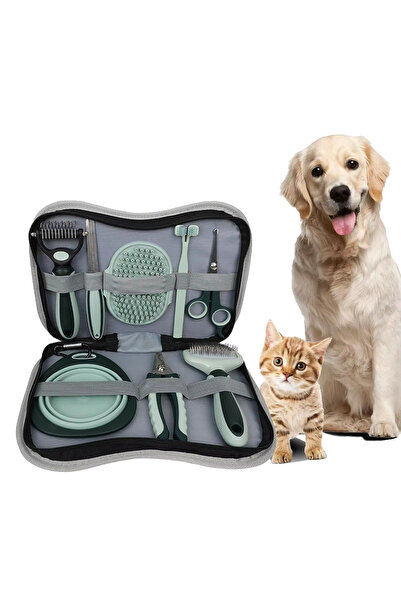 GreaTech 8 Parça Evcil Hayvan Tarak Makas Seti Kedi ve Köpek Bakım Makası Banyo Fırçası Su Kasesi