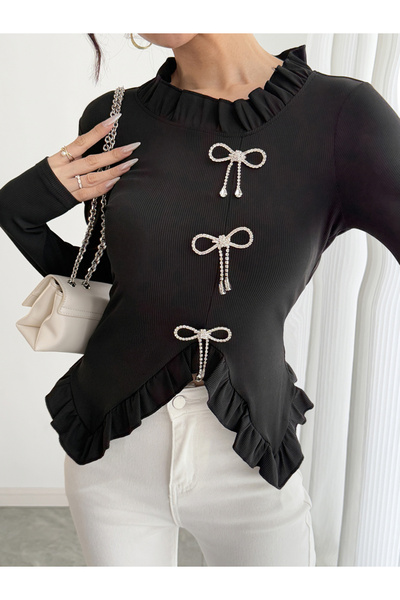 Take Two By Styli Flounced Detail Rhinestone Bow Detail Slit Hem Top