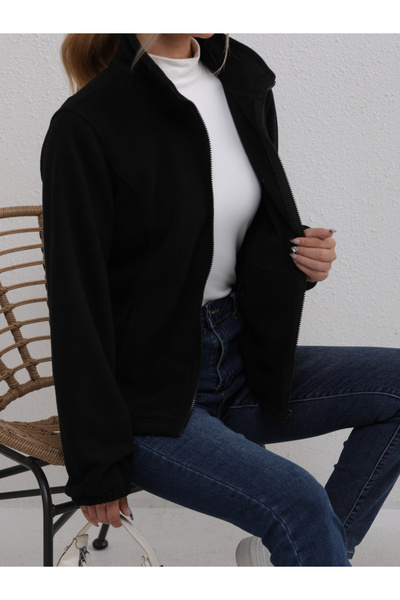 Take Two By Styli Women Black Fleece Zip Jacket