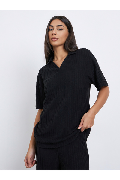 Styli Black Ribbed Collared Oversized Top