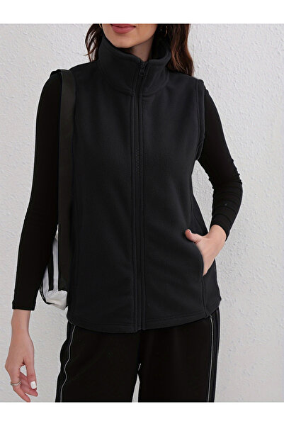 Take Two By Styli Black Fleece Vest with Zip Closure