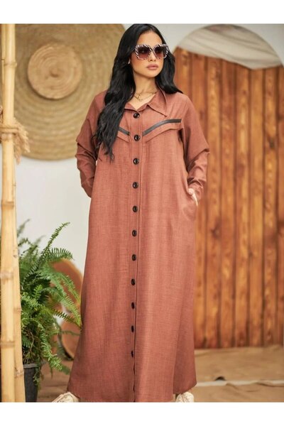 SWAN.AE Dress, Simple, Pockets, Buttons, Leather, Long Bracelet Sleeves, Linen, Casual