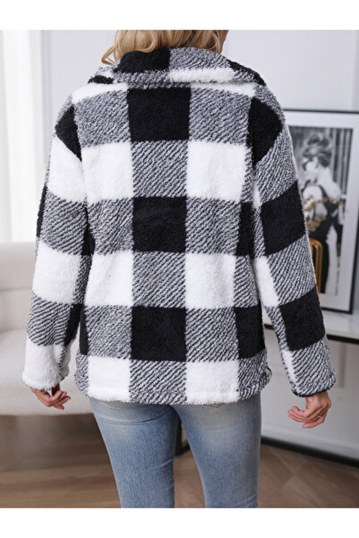 Take Two By Styli Women Checked Button Front Pocket Detail Plush Coat