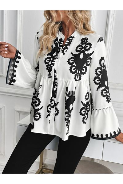 Take Two By Styli Floral Print Ruffle Hem Button Front Top