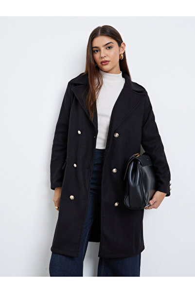 Styli Black Regular Fit Double Breasted Wool Like Coat