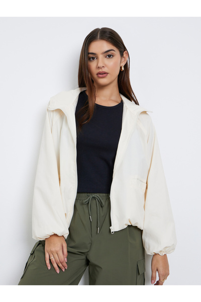 Styli Off White Regular Fit Hooded Bomber Jacket