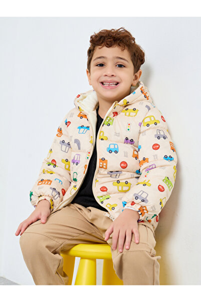 Styli Boys Cream Graphic Puffer Jacket with Hood