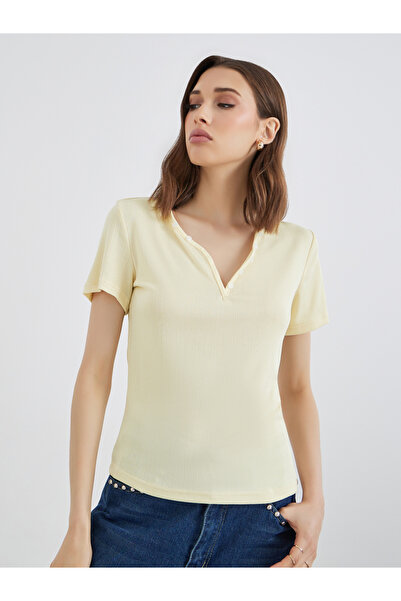 Take Two By Styli Yellow Knit Top with Short Sleeves