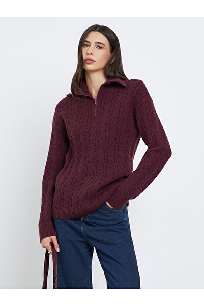 Styli Burgundy Regular Fit Cable Knit Sweater