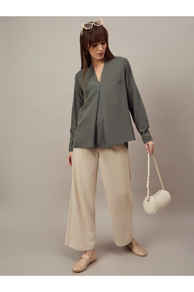 Kuwarii By Styli Grey Relaxed Fit Top with Fold Pleat