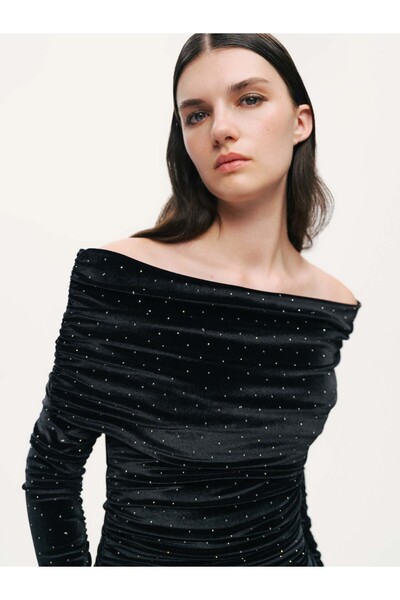 Nocturne Katlı Düz Yaka Maxi Elbise