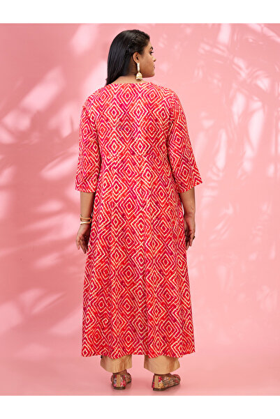 Globus By Styli Plus Size Red Geometric Print A-Line Kurta