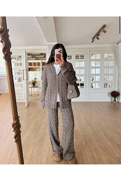 Ecenin Favorileri Mink Hooded Hair Knitwear Cardigan Trousers Women's Set