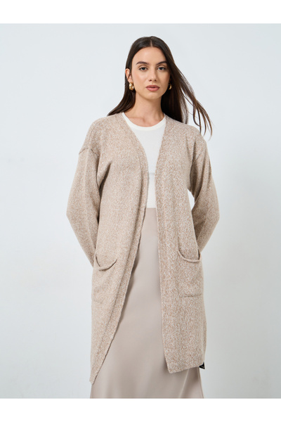 Take Two By Styli Beige Midi Cardigan with Patch Pocket