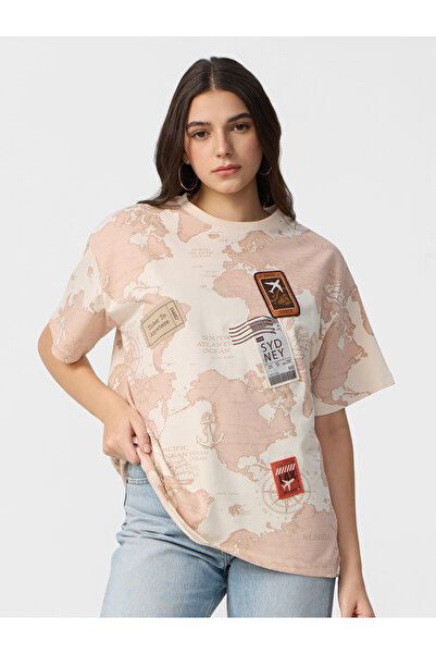 The Souled Store By Styli Beige World Map Print Oversized T-Shirt