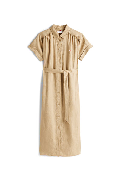 Tommy Hilfiger Women Camel Pure Linen Midi Shirt Dress