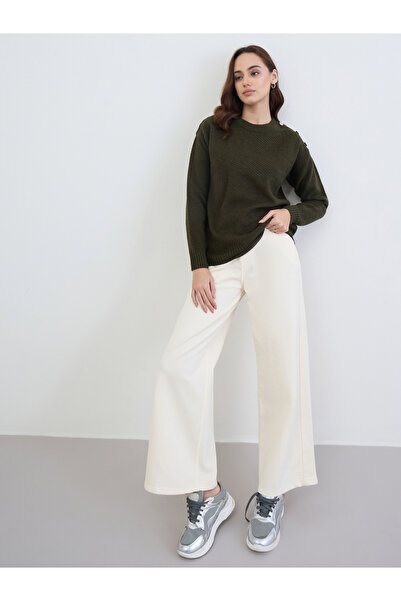 Styli Olive Green Button Detail Sweater