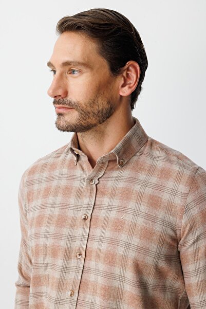 İgs Теракота динамична памучна риза с дълъг ръкав, карирана, с копчета и яка