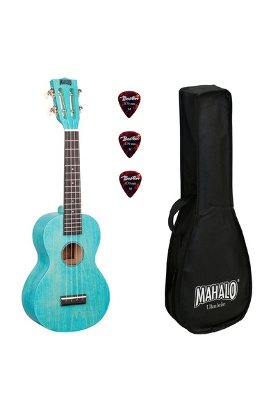 Mahalo Set ukulele concert, ML2AB, finisaj albastru Aqua Blue, 3 pene, cu husă