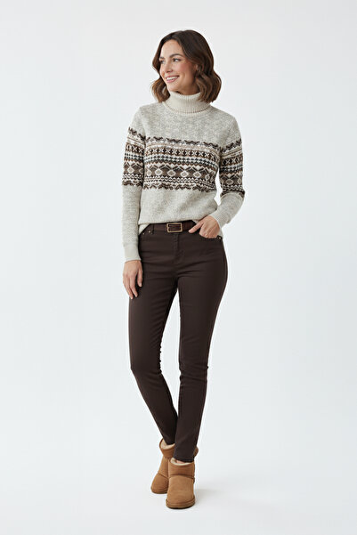 Pulltonic Kadın Balıkçı Yaka Etnik Desenli Kazak | %68 Kuzu Yünü