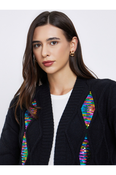 Take Two By Styli Black Front Open Sequined Cardigan