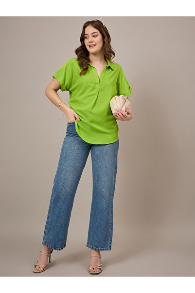 Kuwarii By Styli Green Open Collar Relaxed Fit Top